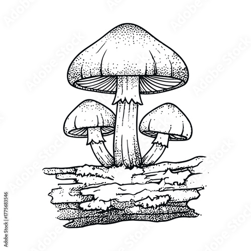 Black and white mushroom illustration for nature themed designs and prints