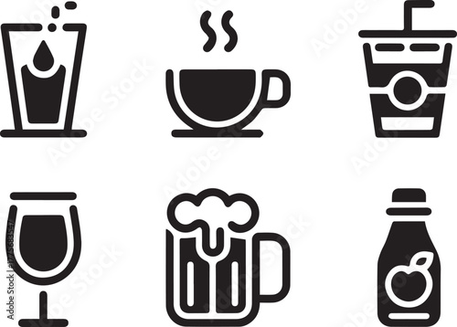 Black Silhouette Icons for Beverages, Drinks, and Liquid Refreshment.