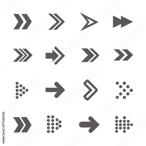 features sixteen diverse arrow symbols pointing to the right direction on white