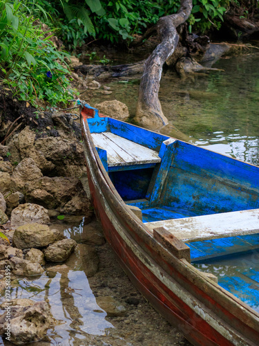 Weathered wooden boat rests on the shore of a tranquil river surrounded by lush greenery in the afternoon sun