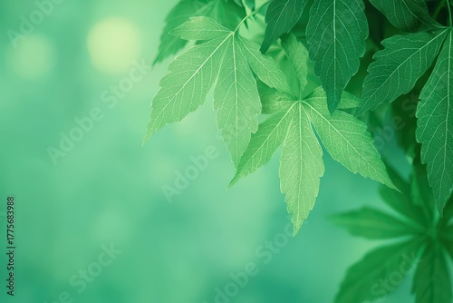 Green Maple Leaves on Branch with Soft Background Hues of Nature, Symbolizing Growth, Freshness, and Tranquility