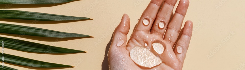 Fototapeta premium Close-up of a human hand with water droplets on light background, featuring palm leaves for a fresh, tropical feel