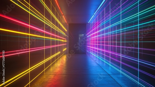 Diffraction laser bands creating vibrant geometric grid patterns with intersecting coherent light beams in futuristic digital environment showcasing optical interference