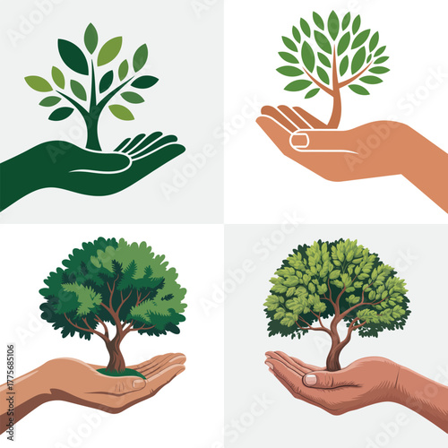 Hands nurturing a growing tree with green leaves in nature