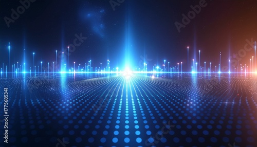 Digital network abstraction with bright blue light beams and glowing dots on a dark background