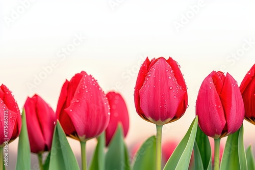Vibrant Red Tulips with Dewdrops Against Soft Background Perfect for Nature and Floral Themes in Stock Photography