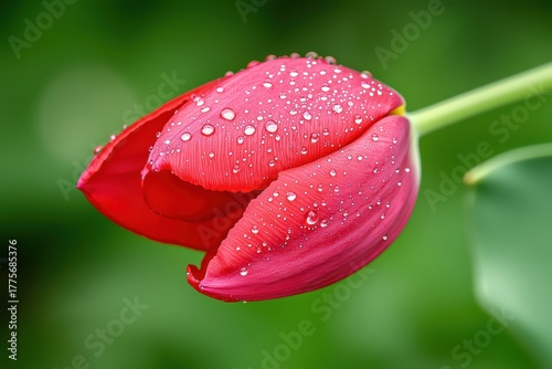 Close-Up View of a Vibrant Red Tulip with Dew Drops on Petals Against a Soft Green Background