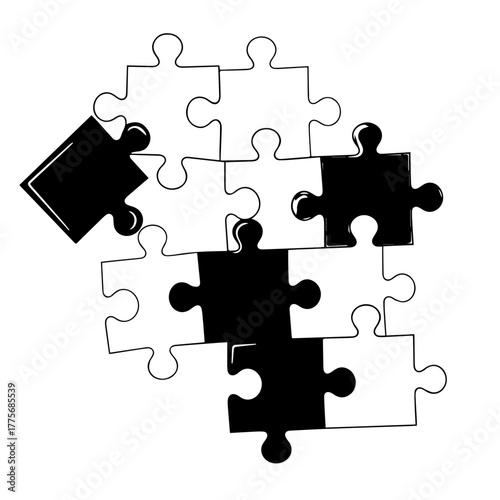 Abstract visual of interconnected jigsaw puzzle pieces in black and white, representing complex problem-solving, strategic thinking, and the pursuit of connection or completeness