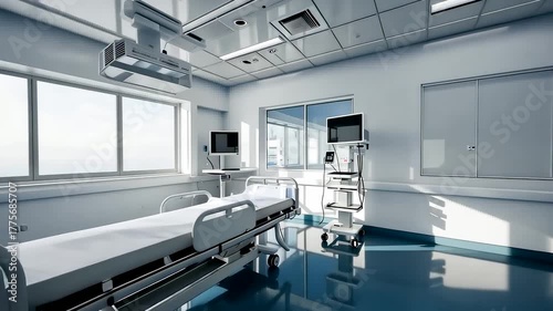 Modern hospital room with medical bed, advanced monitoring equipment, and bright natural light creating a clean and sterile healthcare environment