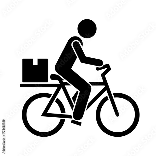 Stickman riding bicycle carrying delivery box on rear rack.