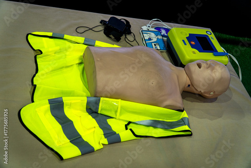 Manikin for training in chest compressions and ventilation (CPR manikin) and AED Automated External defibrillator.