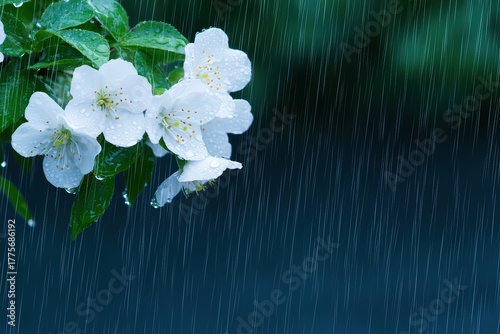 Beautiful white blossoms with raindrops on petals against a blurred green background capturing the essence of springtime freshness
