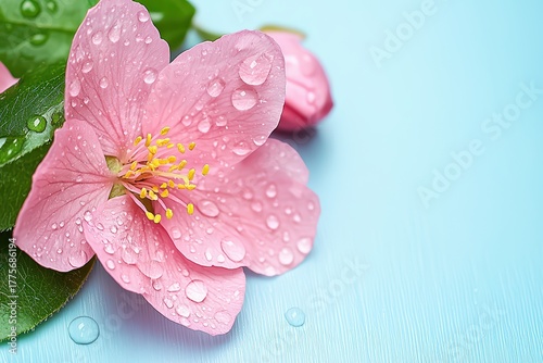 Delicate Pink Flower with Water Drops on Soft Blue Surface Capturing Nature's Beauty in Springtime