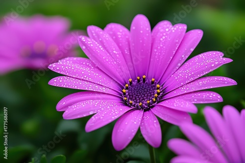 Vibrant purple flower with droplets of water on petals showcasing beauty in nature's garden setting