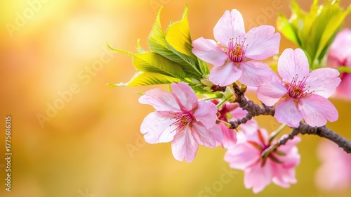 Delicate Pink Cherry Blossom Branch against a Soft Golden Background in Springtime Serenity for Nature Lovers
