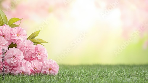 Soft Pink Flowers on Green Grass with Blurred Background, Dreamy Floral Scene for Nature and Spring Themes