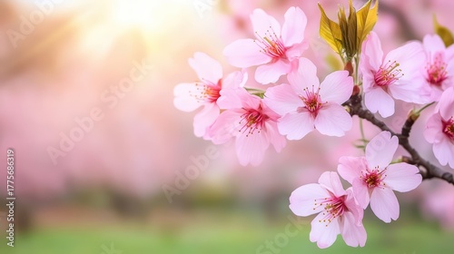 Delicate Pink Cherry Blossom Flowers on Blooming Branch with Soft Background Light in a Beautiful Spring Setting