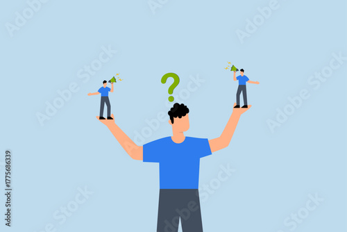 Dilemma, confused businessman choosing directions.