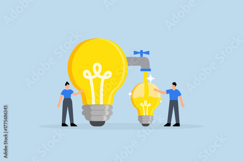 Sharing idea, business people transfer idea to new lightbulb.