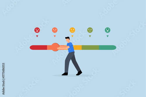 Dissatisfaction, man pushing rating bar to dissatisfaction level.