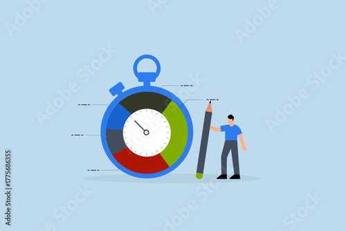 Time tracking system, businessman stands with stopwatch timer and time spent pie chart.