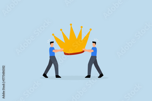 Staff conflict, angry colleague clashing over golden crown symbolizing job promotion status.