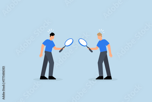 Suspicious, distrustful entrepreneurs scrutinize one another with a magnifying lens