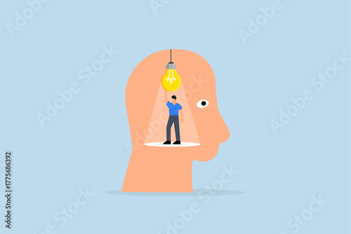 Intelligence thinking, clever individual switches on bright concept within his brilliant mind.