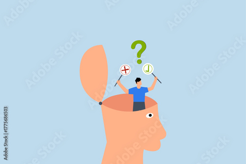 Decision making, entrepreneur in his mind determining whether choice is correct or incorrect.