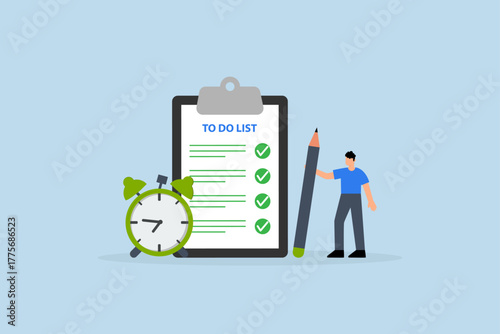 To do list, efficient entrepreneur with notepad and task list clipboard accompanied by timer.