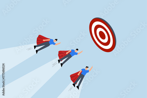 Team target, business people superhero fly to reach target bullseye.