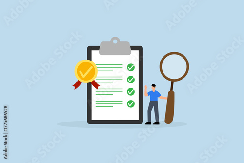 Standard, businessman holds magnifying glass alongside standard QC badge document.