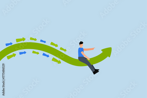 Business trend, entrepreneur riding trend arrow accompanied by small followers.