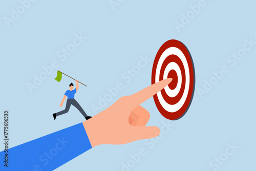 Goal oriented, businesswoman run on hand pointing toward target.