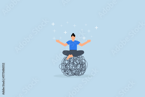 Stress management, female in lotus pose amidst chaotic lines radiating positive energy.