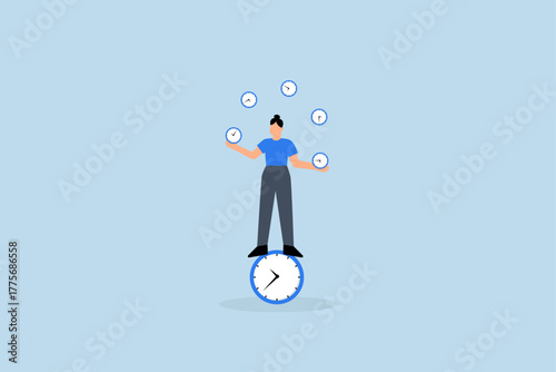Time management for best efficiency and productivity, businesswoman balancing clocks while maintaining her own equilibrium on clock.