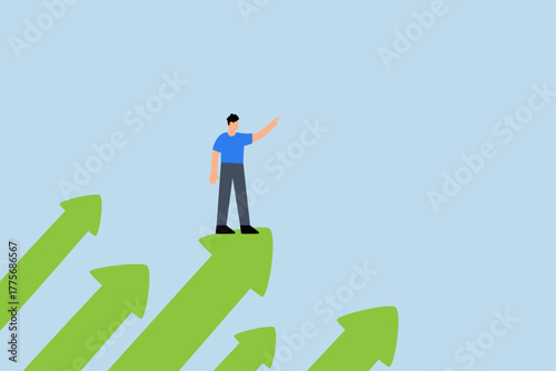 Company success moving forward, confident entrepreneur positioned on ascending arrows directed toward sky next objective.