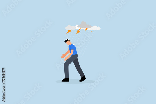 Having bad day, depressed wet businessman walking in raining thunderstorm.
