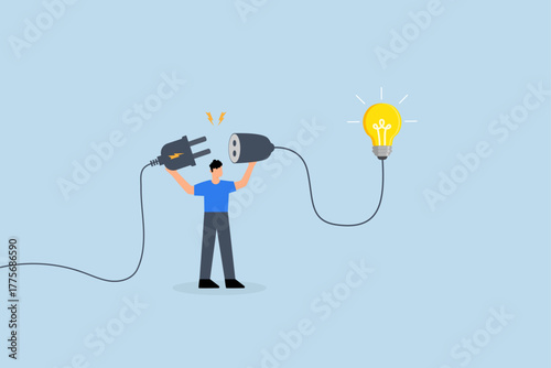 Creativity idea to get solution to solve problem, clever entrepreneur links electric socket to activate brilliant lightbulb concept.
