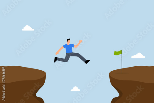 Take risk for opportunity to success, courageous entrepreneur victor leaps across chasm to attain success banner on opposite side.