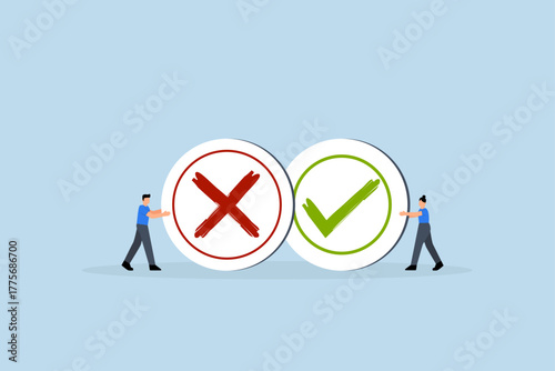 Pros and cons, business individuals carrying large advantages and disadvantages, correct and incorrect symbols.