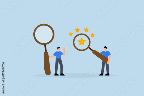 Appraisal, entrepreneur with magnifying glass assessing quality score of stars.