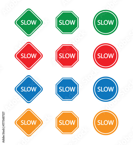 Slow Traffic Sign Icon Set, Colorful Road Safety Warning Symbols
