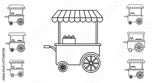 Black and white line art depictions of various food vendor carts