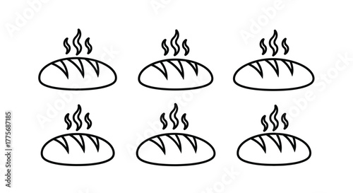 Simple illustration of six loaves of bread with rising steam lines