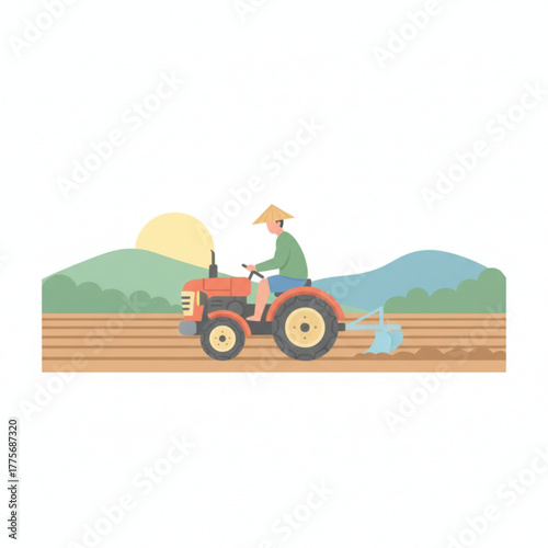 An illustration of a farmer driving a tractor to plow the field under the morning sun, with green hills in the background.