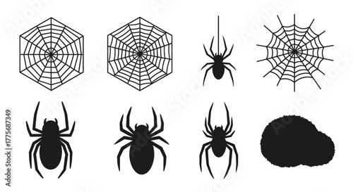 Collection of spider webs and different spider silhouettes in black and white