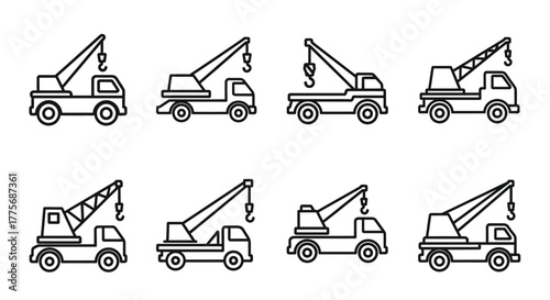 Various line art depictions of mobile cranes in different perspectives