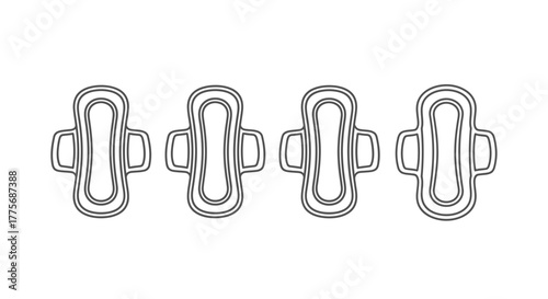 Four sanitary pads displayed in a row black and white illustration