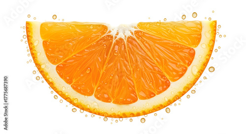 A vibrant half orange slice isolated on transparent background with juice drops